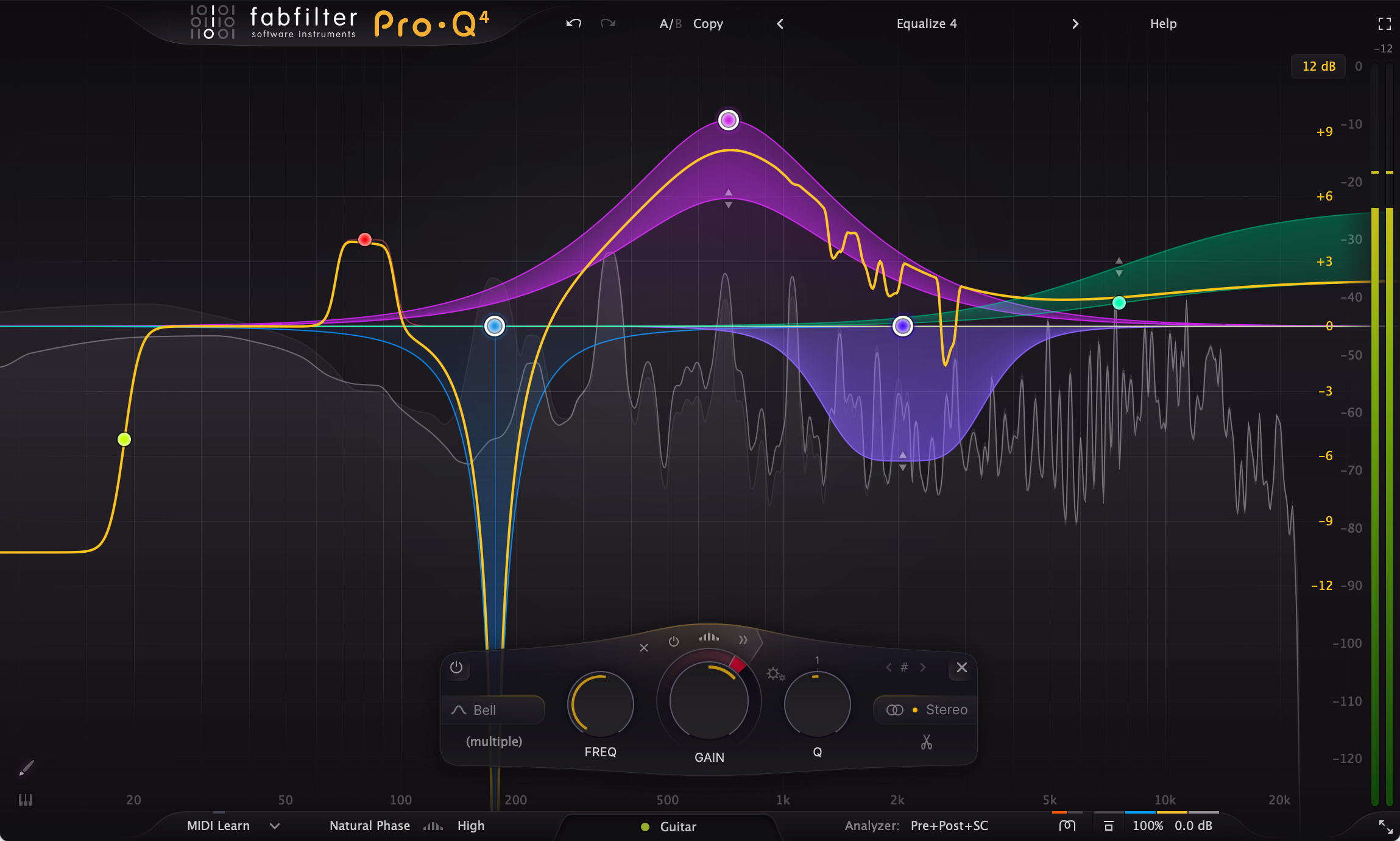 FabFilter Pro-Q 4 equalizer interface with its frequency spectrum and EQ curve